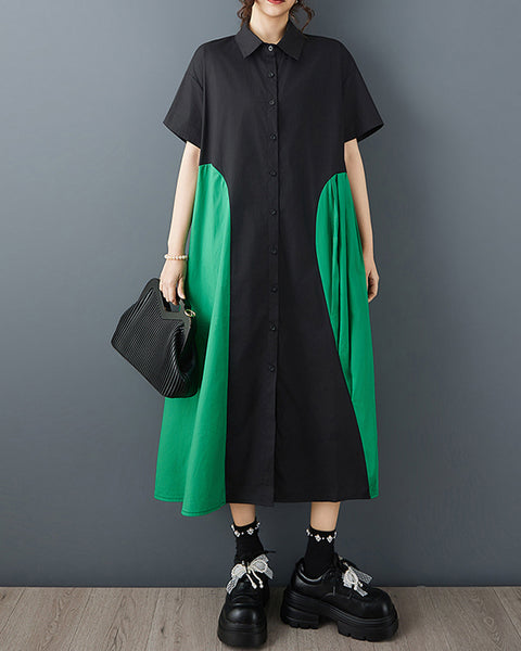 ellazhu Women's Patchwork Shirt Dress Lapel Neck Loose Short Sleeve Button Down Side Pockets A Line Midi Plus Size GZ935