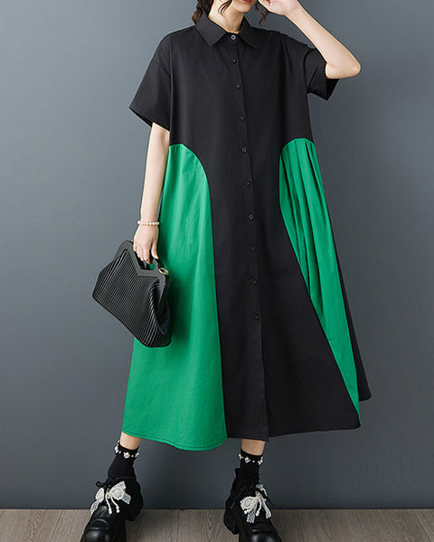 ellazhu Women's Patchwork Shirt Dress Lapel Neck Loose Short Sleeve Button Down Side Pockets A Line Midi Plus Size GZ935