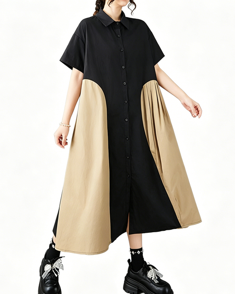 ellazhu Women's Patchwork Shirt Dress Lapel Neck Loose Short Sleeve Button Down Side Pockets A Line Midi Plus Size GZ935