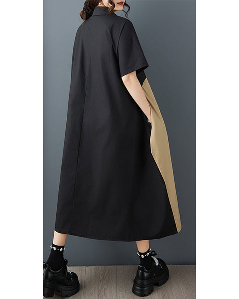 ellazhu Women's Patchwork Shirt Dress Lapel Neck Loose Short Sleeve Button Down Side Pockets A Line Midi Plus Size GZ935