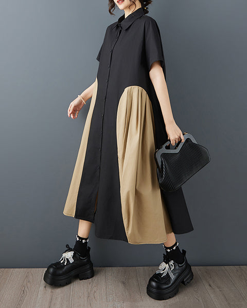 ellazhu Women's Patchwork Shirt Dress Lapel Neck Loose Short Sleeve Button Down Side Pockets A Line Midi Plus Size GZ935