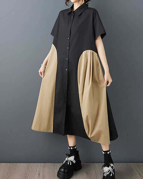 ellazhu Women's Patchwork Shirt Dress Lapel Neck Loose Short Sleeve Button Down Side Pockets A Line Midi Plus Size GZ935