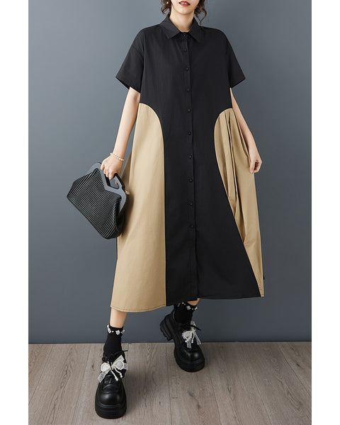 ellazhu Women's Patchwork Shirt Dress Lapel Neck Loose Short Sleeve Button Down Side Pockets A Line Midi Plus Size GZ935
