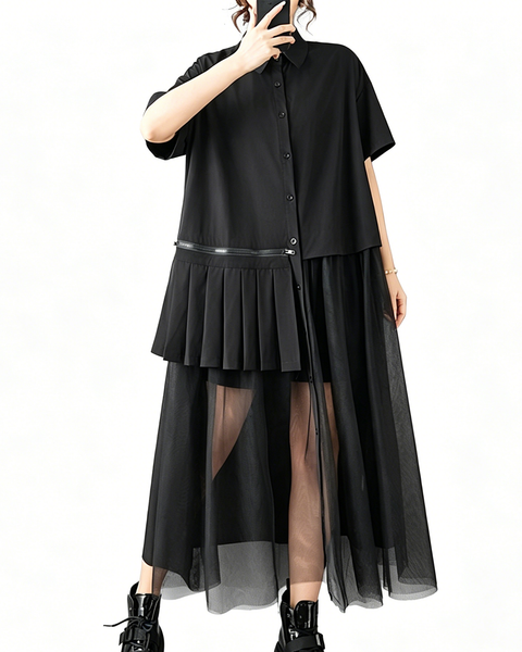 ellazhu Women's Sheer Mesh Patchwork Shirt Dress Pleated Panel Short Sleeve Button Down Loose Plus Size Midi GZ936