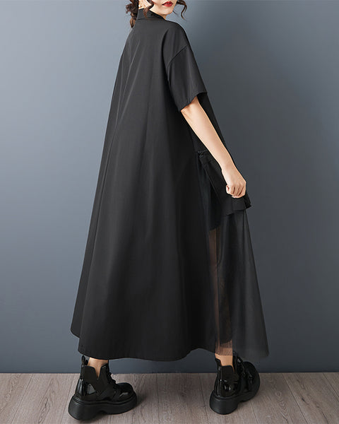 ellazhu Women's Sheer Mesh Patchwork Shirt Dress Pleated Panel Short Sleeve Button Down Loose Plus Size Midi GZ936