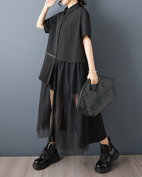 ellazhu Women's Sheer Mesh Patchwork Shirt Dress Pleated Panel Short Sleeve Button Down Loose Plus Size Midi GZ936