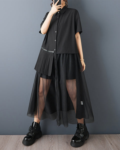 ellazhu Women's Sheer Mesh Patchwork Shirt Dress Pleated Panel Short Sleeve Button Down Loose Plus Size Midi GZ936
