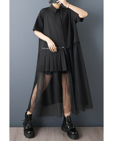 ellazhu Women's Sheer Mesh Patchwork Shirt Dress Pleated Panel Short Sleeve Button Down Loose Plus Size Midi GZ936