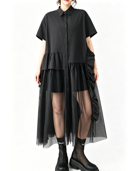 ellazhu Women's Mesh Patchwork Shirt Dress Short Sleeve Button Down Loose Plus Size Ruffle Midi A Line Casual GZ937