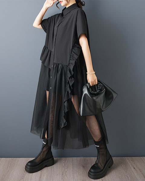 ellazhu Women's Mesh Patchwork Shirt Dress Short Sleeve Button Down Loose Plus Size Ruffle Midi A Line Casual GZ937