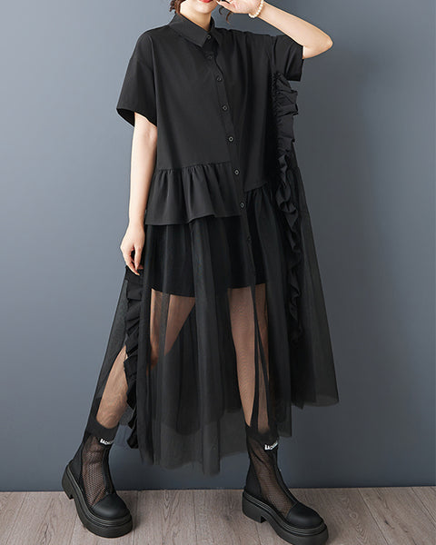 ellazhu Women's Mesh Patchwork Shirt Dress Short Sleeve Button Down Loose Plus Size Ruffle Midi A Line Casual GZ937