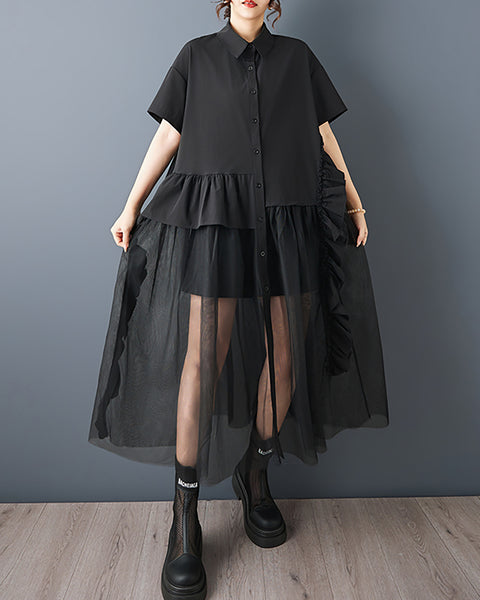 ellazhu Women's Mesh Patchwork Shirt Dress Short Sleeve Button Down Loose Plus Size Ruffle Midi A Line Casual GZ937
