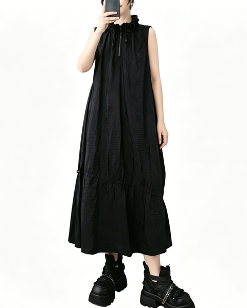 ellazhu Women's Sleeveless Maxi Dress Zip Front Drawstring Stand Collar Loose Plus Size A Line Zip Pockets Summer GZ938