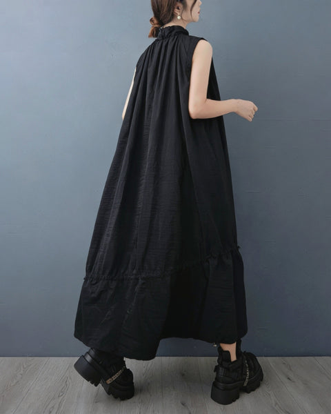 ellazhu Women's Sleeveless Maxi Dress Zip Front Drawstring Stand Collar Loose Plus Size A Line Zip Pockets Summer GZ938