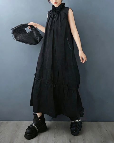 ellazhu Women's Sleeveless Maxi Dress Zip Front Drawstring Stand Collar Loose Plus Size A Line Zip Pockets Summer GZ938