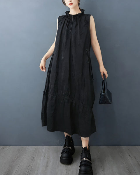 ellazhu Women's Sleeveless Maxi Dress Zip Front Drawstring Stand Collar Loose Plus Size A Line Zip Pockets Summer GZ938