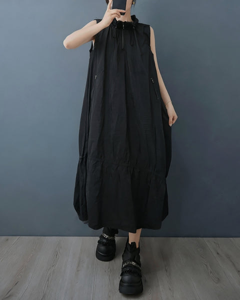 ellazhu Women's Sleeveless Maxi Dress Zip Front Drawstring Stand Collar Loose Plus Size A Line Zip Pockets Summer GZ938