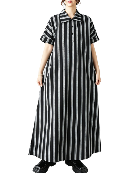 ellazhu Women‘s Striped Button Down Shirt Dress Maxi Loose Short Sleeve Side Slit Casual Summer Plus Size GZ939
