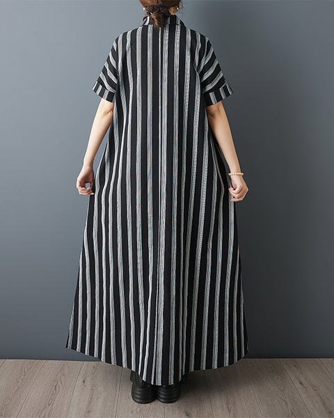 ellazhu Women‘s Striped Button Down Shirt Dress Maxi Loose Short Sleeve Side Slit Casual Summer Plus Size GZ939
