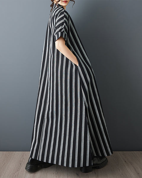 ellazhu Women‘s Striped Button Down Shirt Dress Maxi Loose Short Sleeve Side Slit Casual Summer Plus Size GZ939