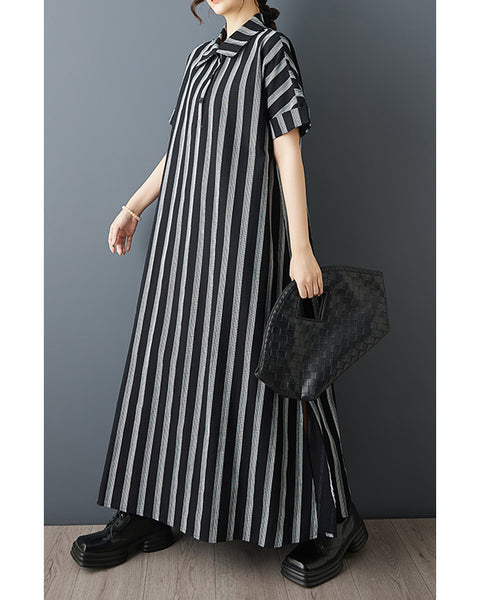ellazhu Women‘s Striped Button Down Shirt Dress Maxi Loose Short Sleeve Side Slit Casual Summer Plus Size GZ939