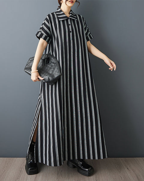 ellazhu Women‘s Striped Button Down Shirt Dress Maxi Loose Short Sleeve Side Slit Casual Summer Plus Size GZ939