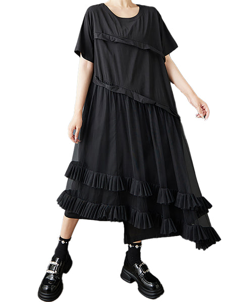 ellazhu Women’s Mesh Patchwork Midi Dress Short Sleeve Asymmetrical Ruffle Hem Loose Plus Size Casual Chic A-Line GZ940