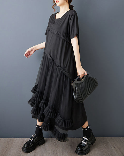 ellazhu Women’s Mesh Patchwork Midi Dress Short Sleeve Asymmetrical Ruffle Hem Loose Plus Size Casual Chic A-Line GZ940