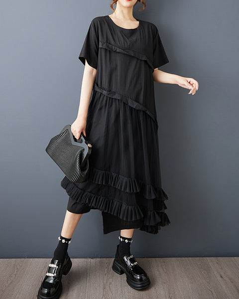 ellazhu Women’s Mesh Patchwork Midi Dress Short Sleeve Asymmetrical Ruffle Hem Loose Plus Size Casual Chic A-Line GZ940