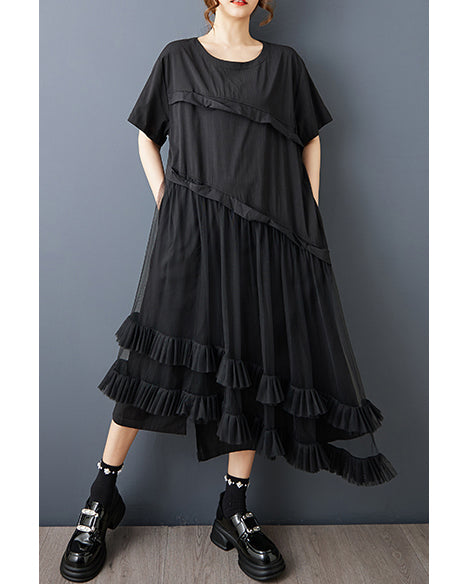 ellazhu Women’s Mesh Patchwork Midi Dress Short Sleeve Asymmetrical Ruffle Hem Loose Plus Size Casual Chic A-Line GZ940