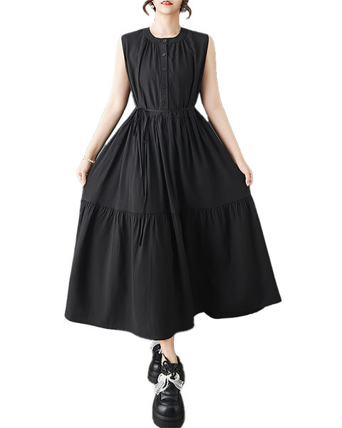 ellazhu Women‘s Sleeveless Maxi Dress Loose Plus Size Button Down Tiered A-Line Summer Flowy Drawstring Waist GZ942