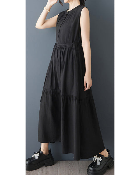 ellazhu Women‘s Sleeveless Maxi Dress Loose Plus Size Button Down Tiered A-Line Summer Flowy Drawstring Waist GZ942