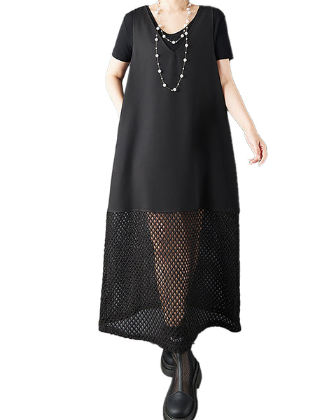 ellazhu Women’s Fishnet Patchwork Sleeveless Maxi Tank Dress Loose Plus Size Flowy A Line Mesh Hem Casual Summer GZ943