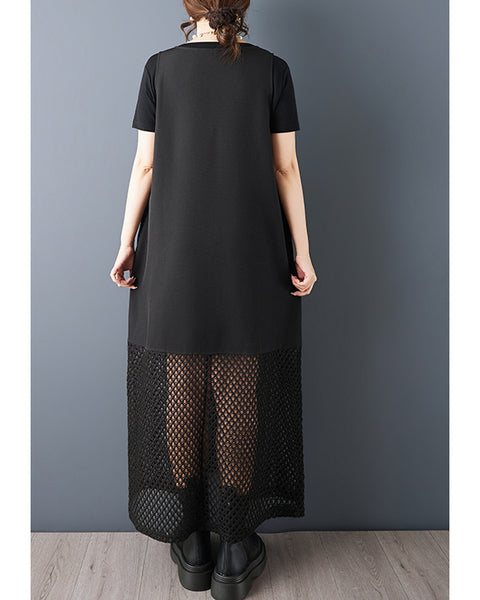 ellazhu Women’s Fishnet Patchwork Sleeveless Maxi Tank Dress Loose Plus Size Flowy A Line Mesh Hem Casual Summer GZ943