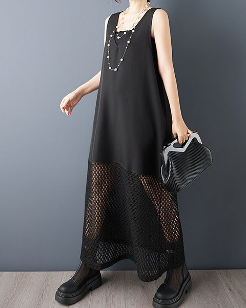 ellazhu Women’s Fishnet Patchwork Sleeveless Maxi Tank Dress Loose Plus Size Flowy A Line Mesh Hem Casual Summer GZ943