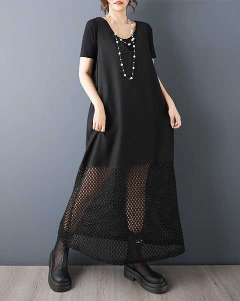 ellazhu Women’s Fishnet Patchwork Sleeveless Maxi Tank Dress Loose Plus Size Flowy A Line Mesh Hem Casual Summer GZ943