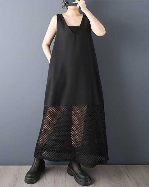 ellazhu Women’s Fishnet Patchwork Sleeveless Maxi Tank Dress Loose Plus Size Flowy A Line Mesh Hem Casual Summer GZ943