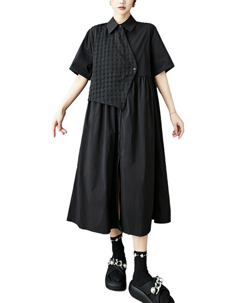 ellazhu Women‘s Midi Shirt Dress Asymmetrical Faux Two Piece Button Down Short Sleeve Plus Size Oversized Tunic GZ945