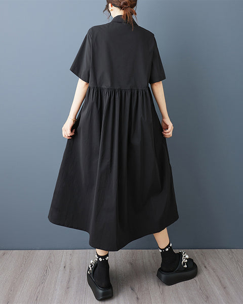ellazhu Women‘s Midi Shirt Dress Asymmetrical Faux Two Piece Button Down Short Sleeve Plus Size Oversized Tunic GZ945