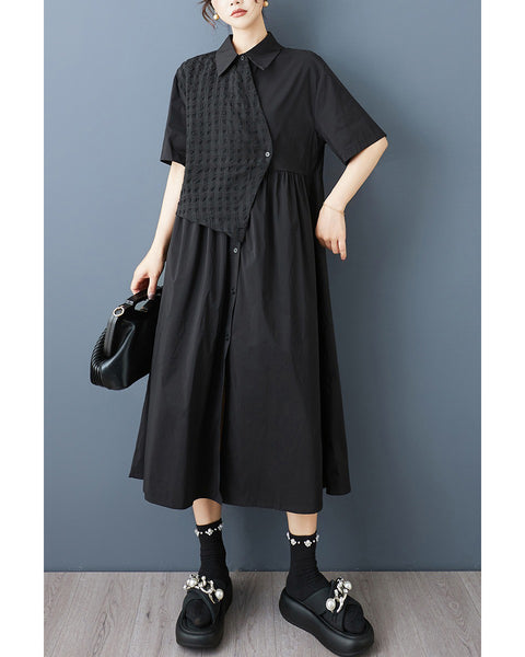 ellazhu Women‘s Midi Shirt Dress Asymmetrical Faux Two Piece Button Down Short Sleeve Plus Size Oversized Tunic GZ945