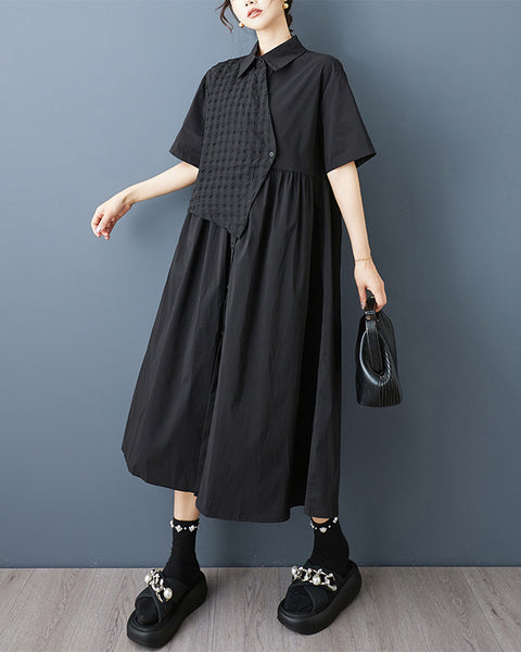 ellazhu Women‘s Midi Shirt Dress Asymmetrical Faux Two Piece Button Down Short Sleeve Plus Size Oversized Tunic GZ945