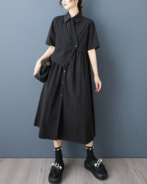 ellazhu Women‘s Midi Shirt Dress Asymmetrical Faux Two Piece Button Down Short Sleeve Plus Size Oversized Tunic GZ945
