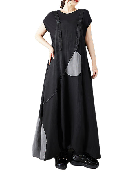 ellazhu Women’s Patchwork Suspender Dress Loose Plus Size A Line Pinafore Maxi Asymmetrical Casual Summer GZ946