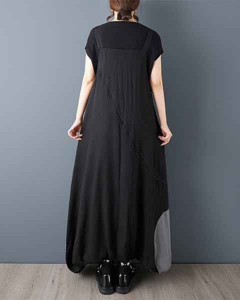 ellazhu Women’s Patchwork Suspender Dress Loose Plus Size A Line Pinafore Maxi Asymmetrical Casual Summer GZ946