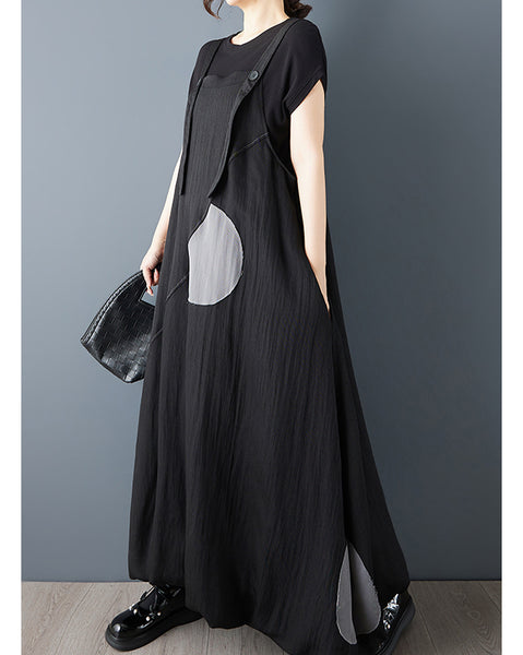 ellazhu Women’s Patchwork Suspender Dress Loose Plus Size A Line Pinafore Maxi Asymmetrical Casual Summer GZ946
