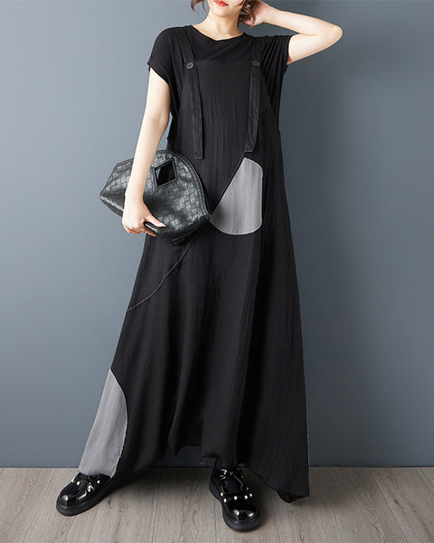 ellazhu Women’s Patchwork Suspender Dress Loose Plus Size A Line Pinafore Maxi Asymmetrical Casual Summer GZ946