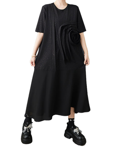 ellazhu Women‘s 3D Floral Applique Midi Dress Oversized Plus Size Short Sleeve A Line Flowy Swing Hem Casual GZ947