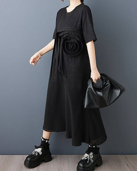 ellazhu Women‘s 3D Floral Applique Midi Dress Oversized Plus Size Short Sleeve A Line Flowy Swing Hem Casual GZ947