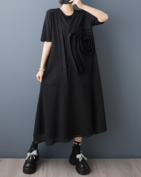 ellazhu Women‘s 3D Floral Applique Midi Dress Oversized Plus Size Short Sleeve A Line Flowy Swing Hem Casual GZ947
