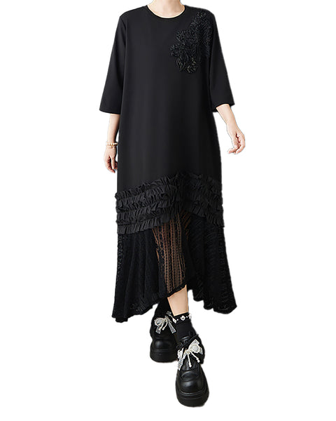 ellazhu Women’s Floral Applique Midi Dress Oversized Plus Size Lace Patchwork Ruffle Hem Three Quarter Sleeve GZ948